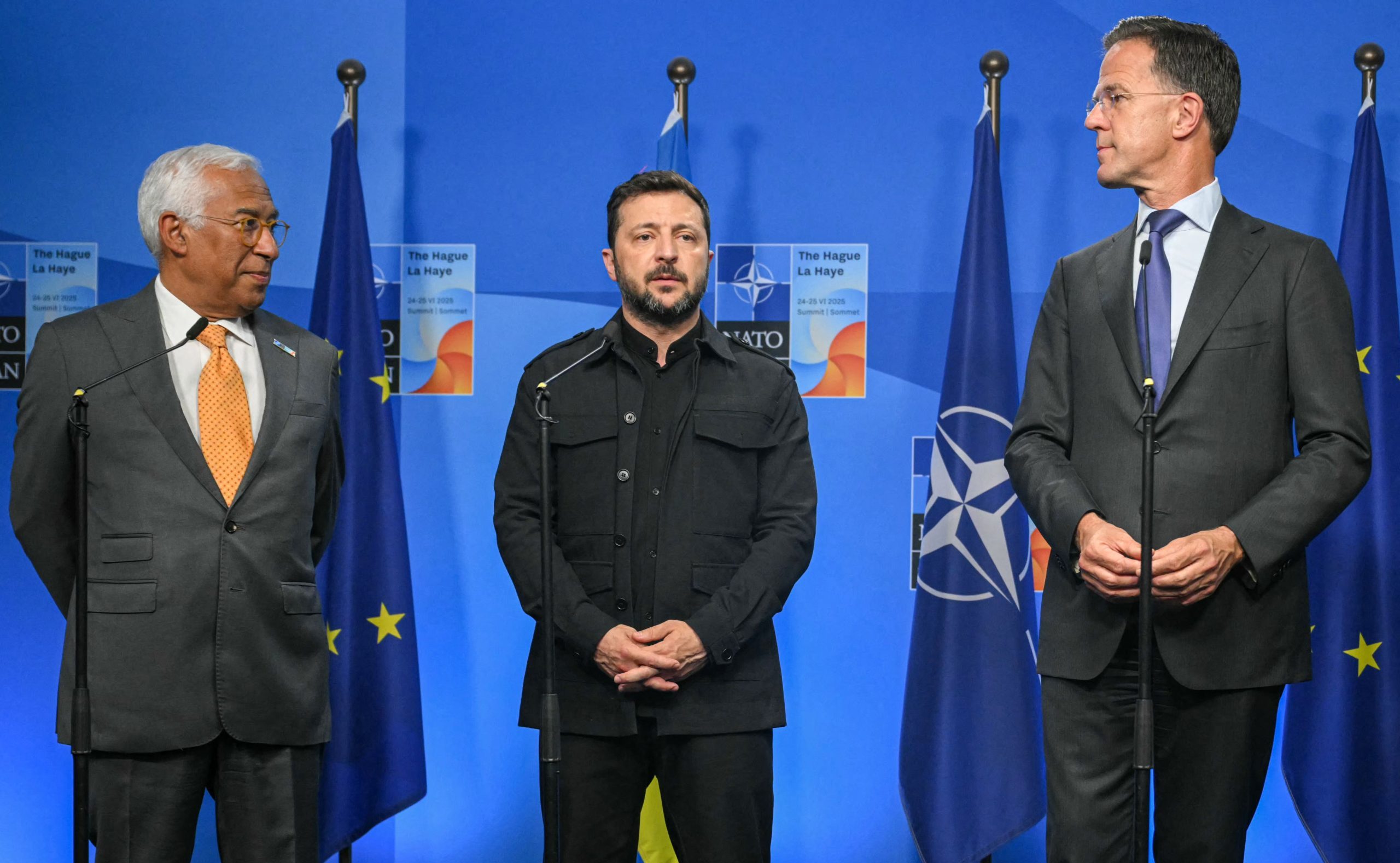 Volodimirs Zelenskis preses brīfingā kopā ar NATO līderiem