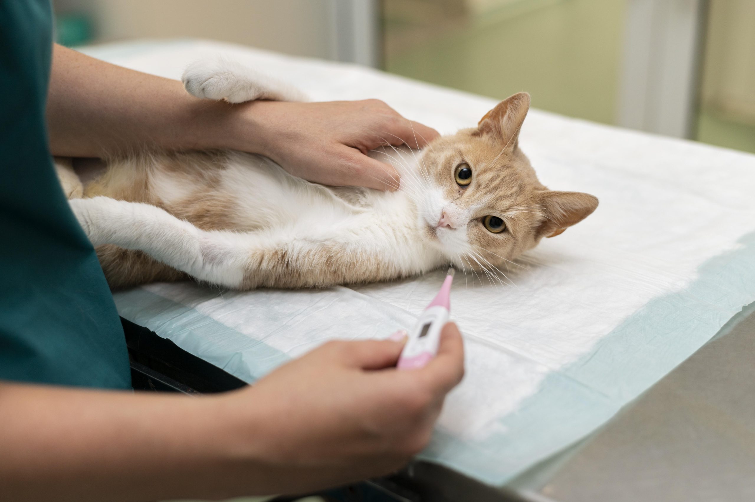 Kaķis veterinārārsta apskatē guļ uz galda, kamēr tiek mērīta temperatūra