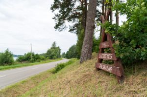 Koka norāde "Lagzdiemes pilskalns" pie ceļa meža malā.