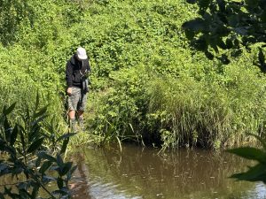 Vīrietis ar baltu cepuri un tumšu džemperi stāv upes krastā zaļumos, nodarbojoties ar vēžošanu.