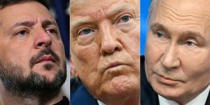 Kolāža ar Ukrainas prezidentu Volodimiru Zelenski, ASV prezidentu Donaldu Trampu un Krievijas prezidentu Vladimiru Putinu
