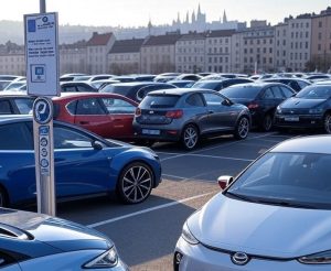 Elektroauto stāvvieta Eiropas pilsētā ar uzlādes punktu