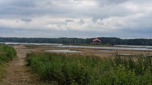 Plašs skats uz Daugavas palieni Ikšķilē ar zemu ūdens līmeni un sarkanu māju tālumā.