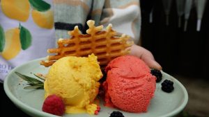 Krāsains saldējuma deserts ar vafeli, avenēm un kazenēm uz šķīvja.