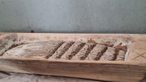 Izrūgusi rudzu maizes mīkla tradicionālā koka abrā.