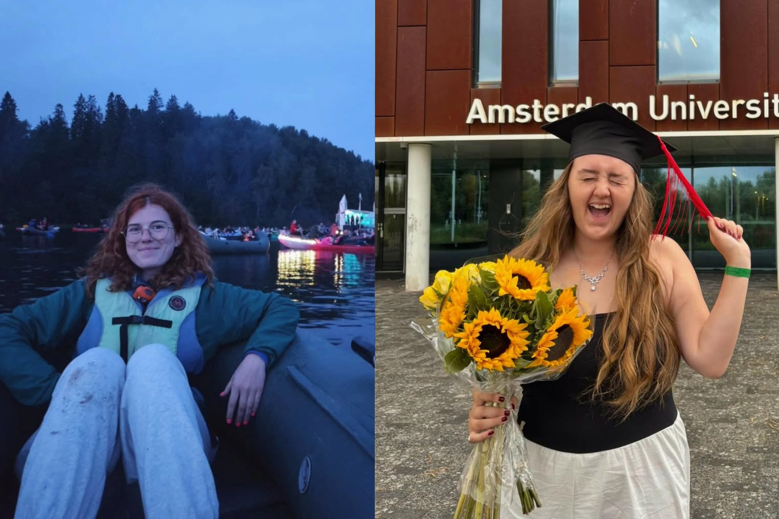 Kolāža no divām fotogrāfijām, kurā attēlota Madara Meļņika laivā pie ezera un Anete Paula Tomiņa ar saulespuķu pušķi pie Amsterdamas Universitātes