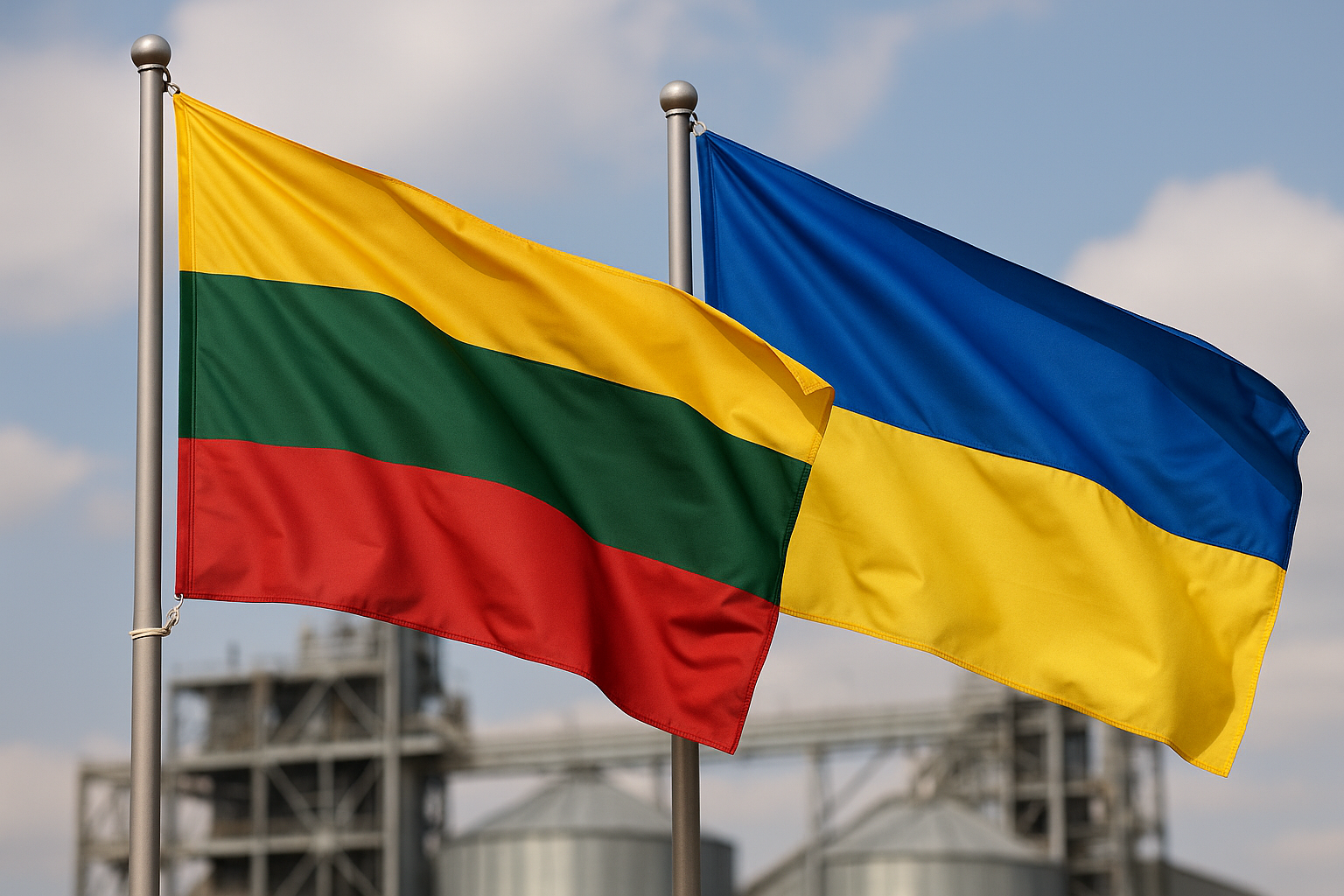 Lietuvas un Ukrainas karogi plīvo blakus rūpnieciskai ainavai.