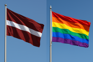 Latvijas valsts karogs un LGBTQIA+ karogs vienā kolāžā.