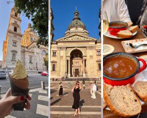 Budapeštas Sv. Stefana bazilika, tradicionālā gulaša zupa un saldā skursteņkūka ar saldējumu.