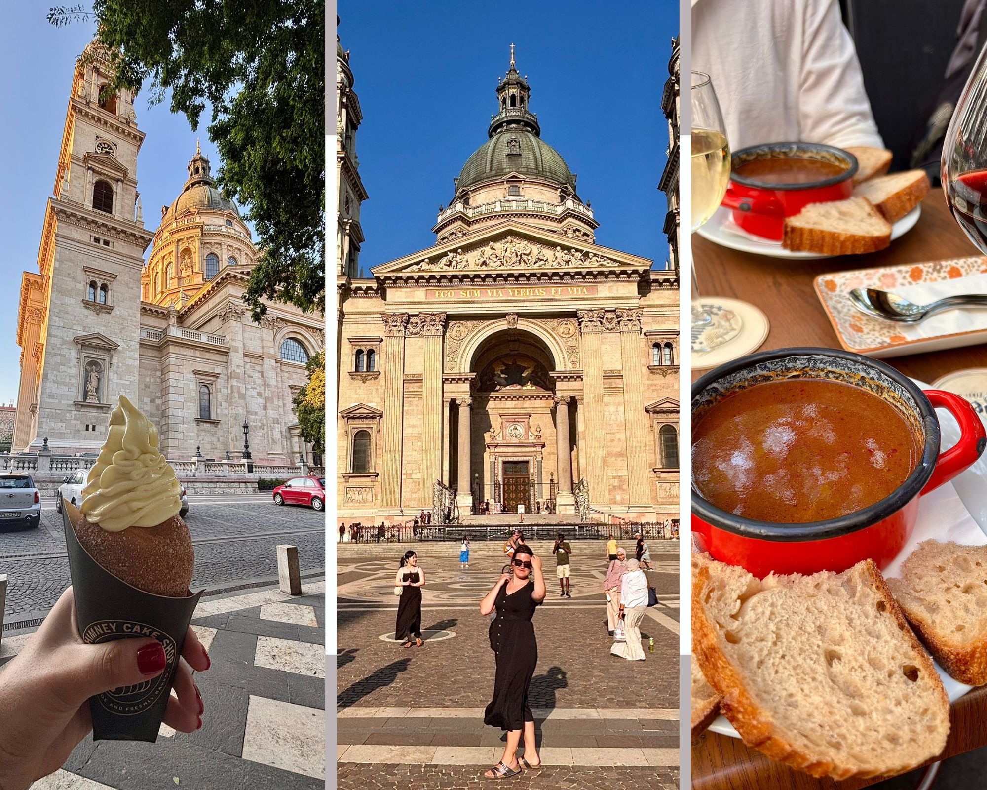Budapeštas Sv. Stefana bazilika, tradicionālā gulaša zupa un saldā skursteņkūka ar saldējumu.