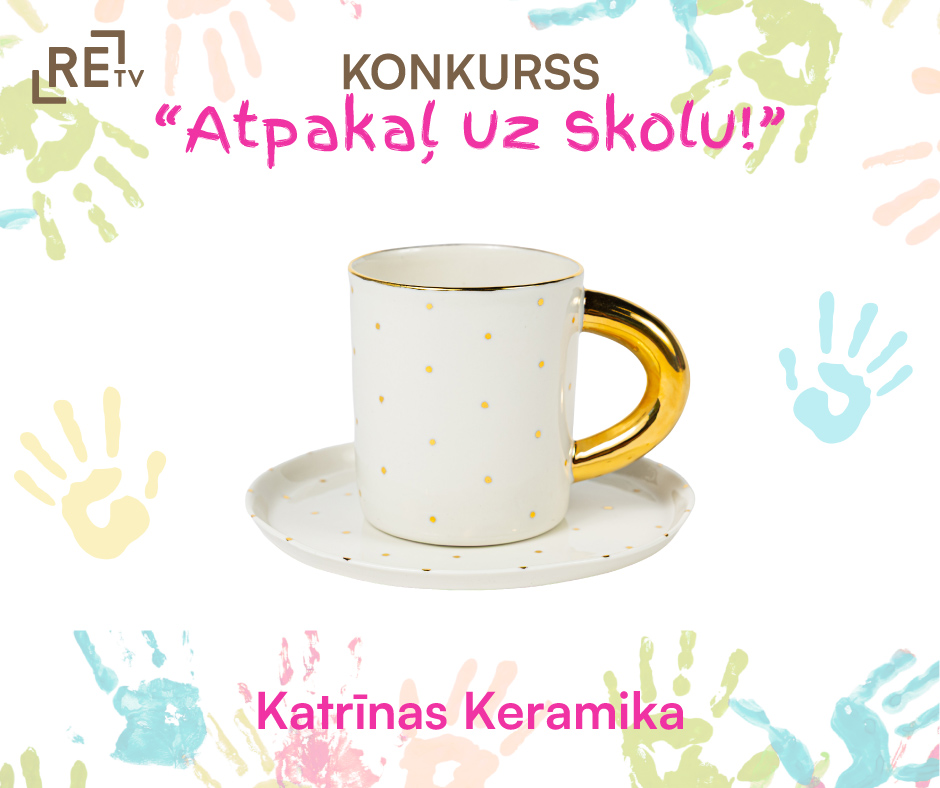 Eleganta porcelāna krūze ar zelta rokturi no Katrīnas Keramikas konkursam “Atpakaļ uz skolu!”