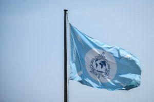 Interpol karogs plīvo vējā uz zila debesu fona.