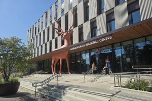 Bērnu Klīniskās universitātes slimnīcas Ambulatorā veselības centra ieeja ar milzīgu, oranžu brieža statuju