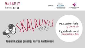 Konferences “Skaļrunis 2025” afiša Rīgā par komunikācijas prasmju stiprināšanu.