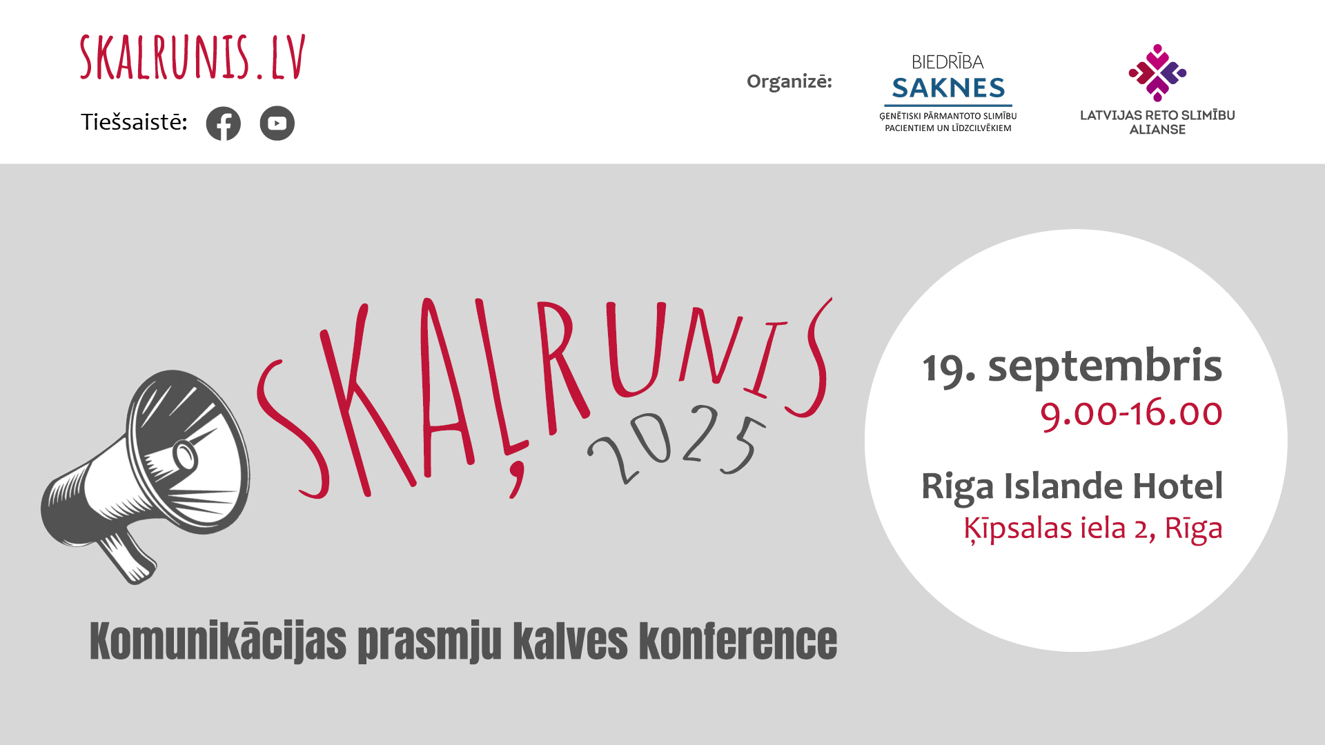 Konferences “Skaļrunis 2025” afiša Rīgā par komunikācijas prasmju stiprināšanu.