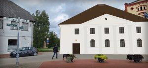 Papildinātās realitātes lietotnē “Bauska AR” atjaunotā Bauskas ebreju sinagoga Rīgas ielā.