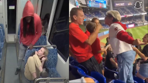 Divi atsevišķi kadri, kas atspoguļo divas plaši apspriestas situācijas sociālajos tīklos. Kreisajā pusē redzama vardarbība vilcienā, labajā – konflikts beisbola spēlē.