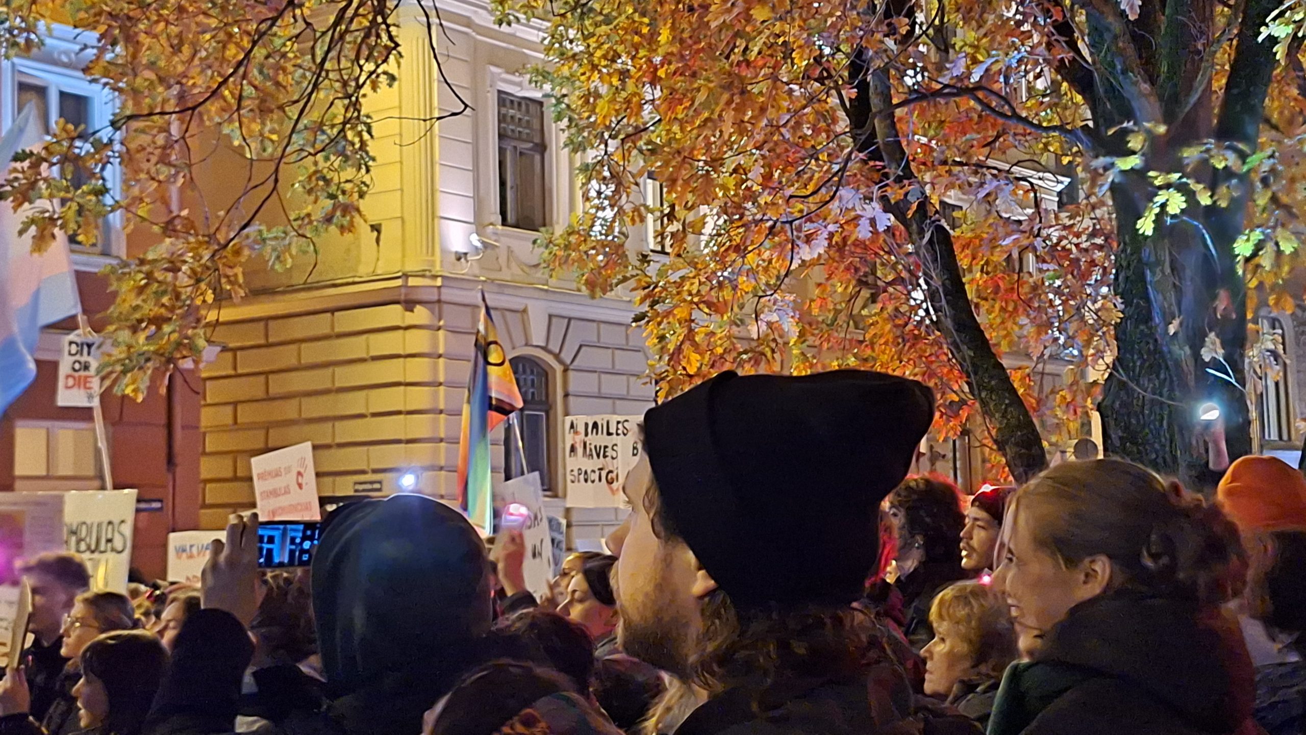 Cilvēki ar plakātiem vakara piketā pie Saeimas par atbalstu Stambulas konvencijai, apgaismotiem kokiem fonā.