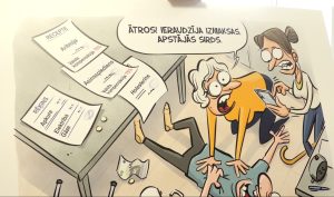 Karikatūra attēlo ainu, kur sieviete izsauc ātro palīdzību pēc tam, kad vīrietim, ieraugot izmaksas par medikamentiem un rēķiniem, apstājusies sirds.