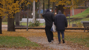 Divi cilvēki iet pa parka celiņu, kas klāts ar dzeltenām rudens lapām.