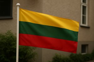 Dzelteni, zaļi un sarkani krāsots karogs plīvo vējā pie ēkas sienas.