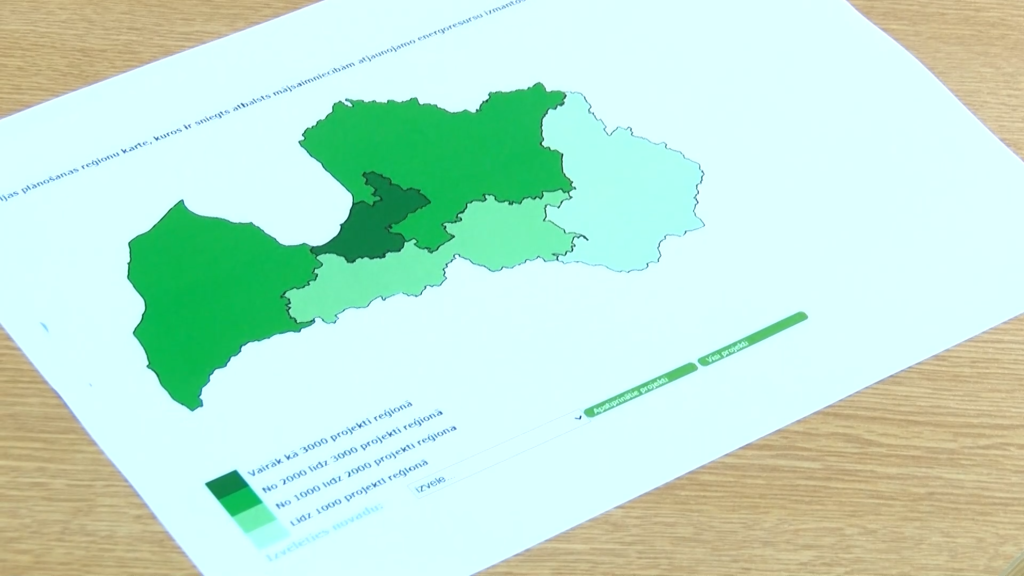 Latvijas karte ar reģionu sadalījumu, kas attēlo projektu skaita atpalicību Latgalē.