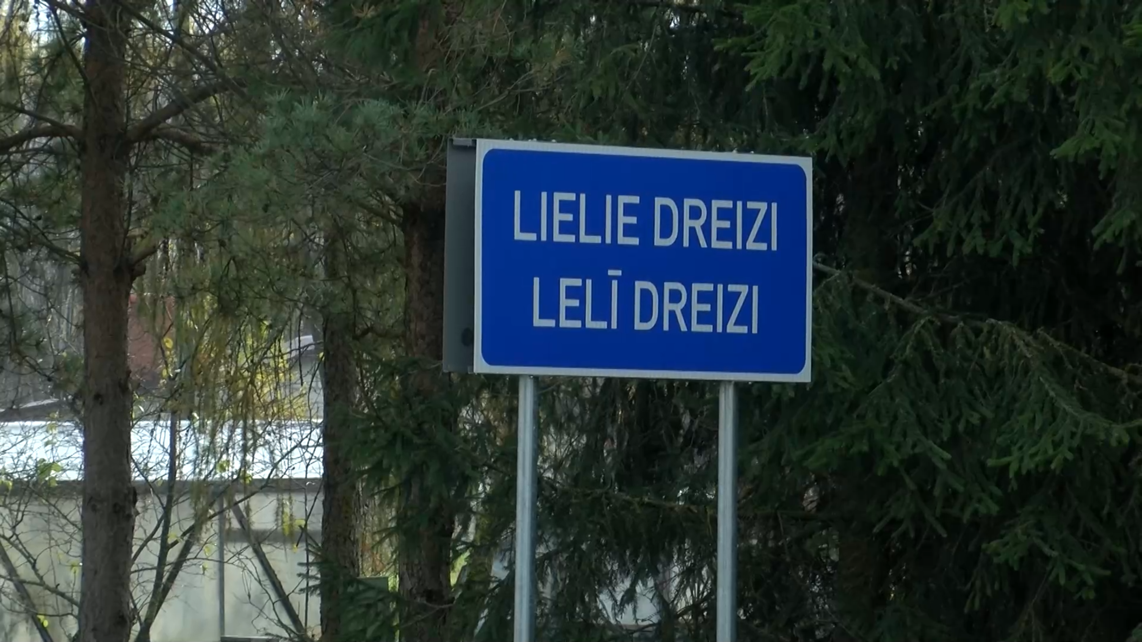 Ceļazīme ar uzrakstu “Lielie Dreizi / Lelī Dreizi” pie meža malas