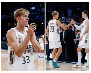 Jauns basketbolists ar 33. numuru “Real Madrid” komandā pēc spēles sveic komandas biedru.
