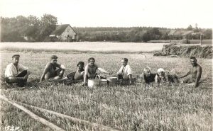 Zemnieki atpūšas vārpu talkā Latvijas laukos 1939. gadā.