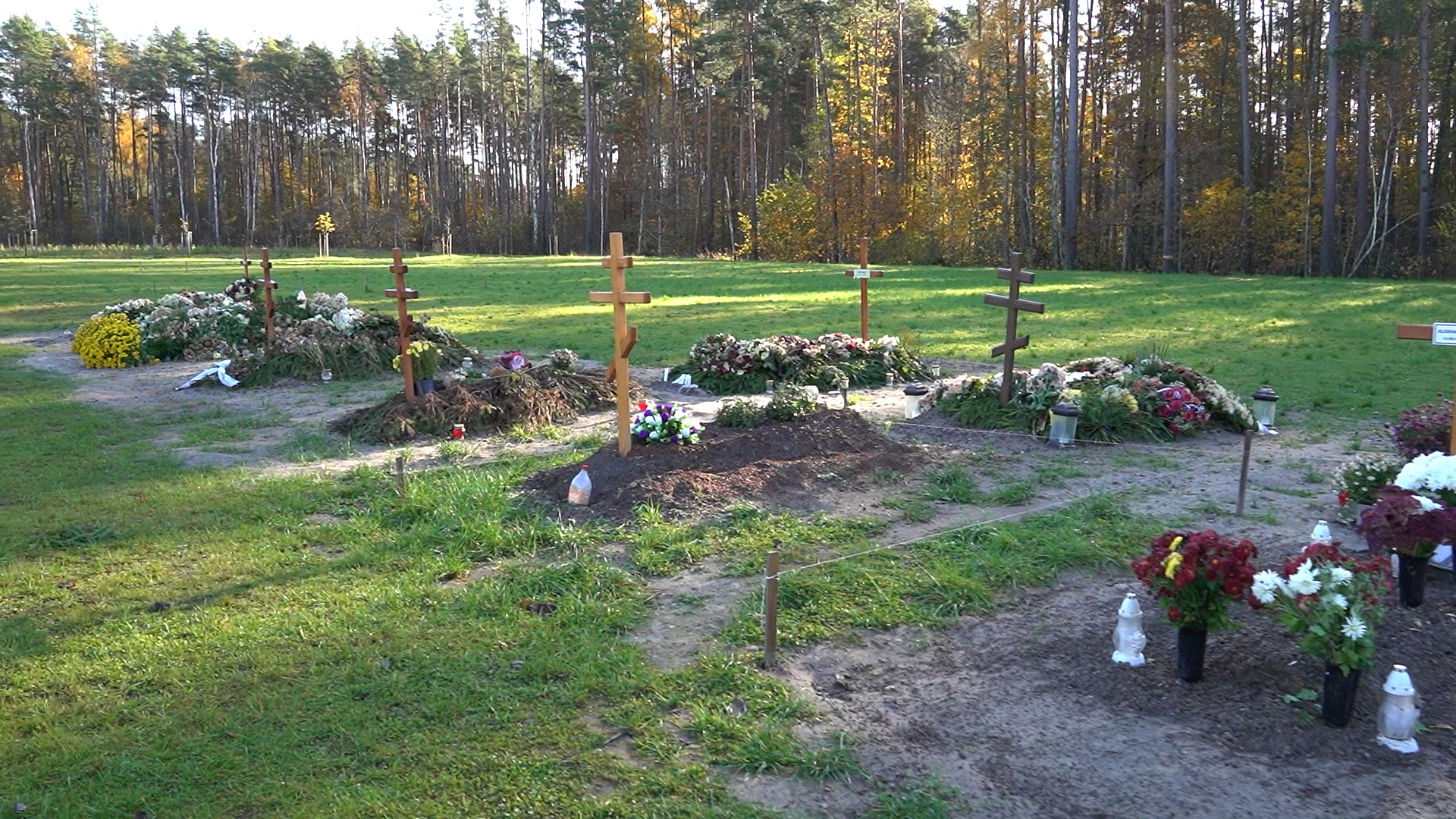 Jaunu kapavietu laukums Jelgavas Meža kapsētā ar koka krustiem un ziediem.