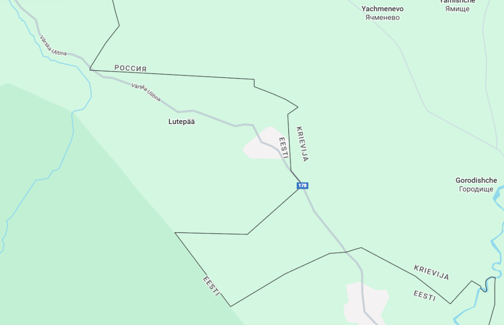 Google Kartes izgriezums, kas attēlo Igaunijas un Krievijas robežu un Saatse "zābaku".