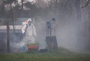 Speciālists aizsargtērpā veic dezinfekciju piemājas saimniecībā Ņūkāslas slimības uzliesmojuma laikā.