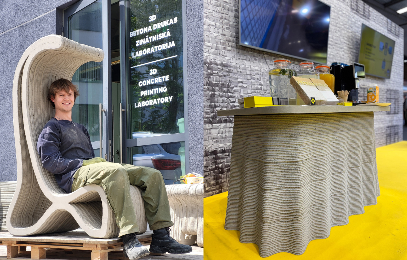 RTU 3D betona drukas laboratorijā radīti inovatīvi dizaina objekti no pārstrādāta betona — krēsls un galds.