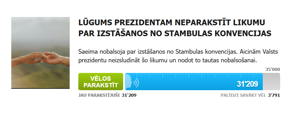 Platformas “ManaBalss.lv” iniciatīvas ekrānuzņēmums par likuma parakstīšanas apturēšanu par Latvijas izstāšanos no Stambulas konvencijas.