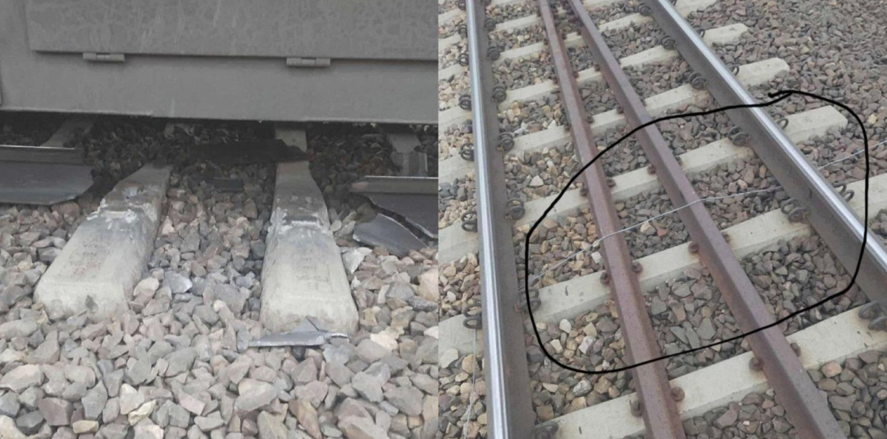 Bojātas dzelzceļa sliedes un šķembas pēc sprādziena uz Varšavas–Ļubļinas līnijas.