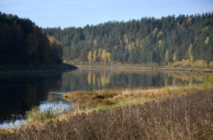 Plašs skats uz Daugavas loku ar rudenīgiem, mežiem klātiem krastiem saulainā dienā.
