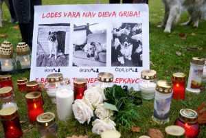 Piemiņas vieta nošautajiem suņiem ar svecēm un plakātu “Lodes vara nav Dieva griba”
