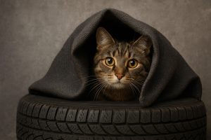 Svītrains kaķis ar lielām acīm izbāž galvu no tumšas segas, kas uzklāta uz automašīnas riepas.