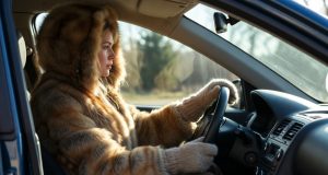 Sieviete ziemas mētelī sēž automašīnā un vada auto