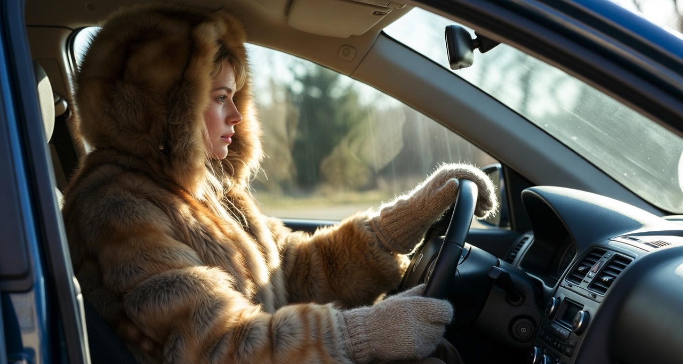 Sieviete ziemas mētelī sēž automašīnā un vada auto