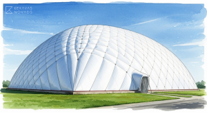 Ilustrācija, kas attēlo baltu, kupolveida piepūšamo futbola halli ar ieejas tuneli uz zāles un asfalta fona.