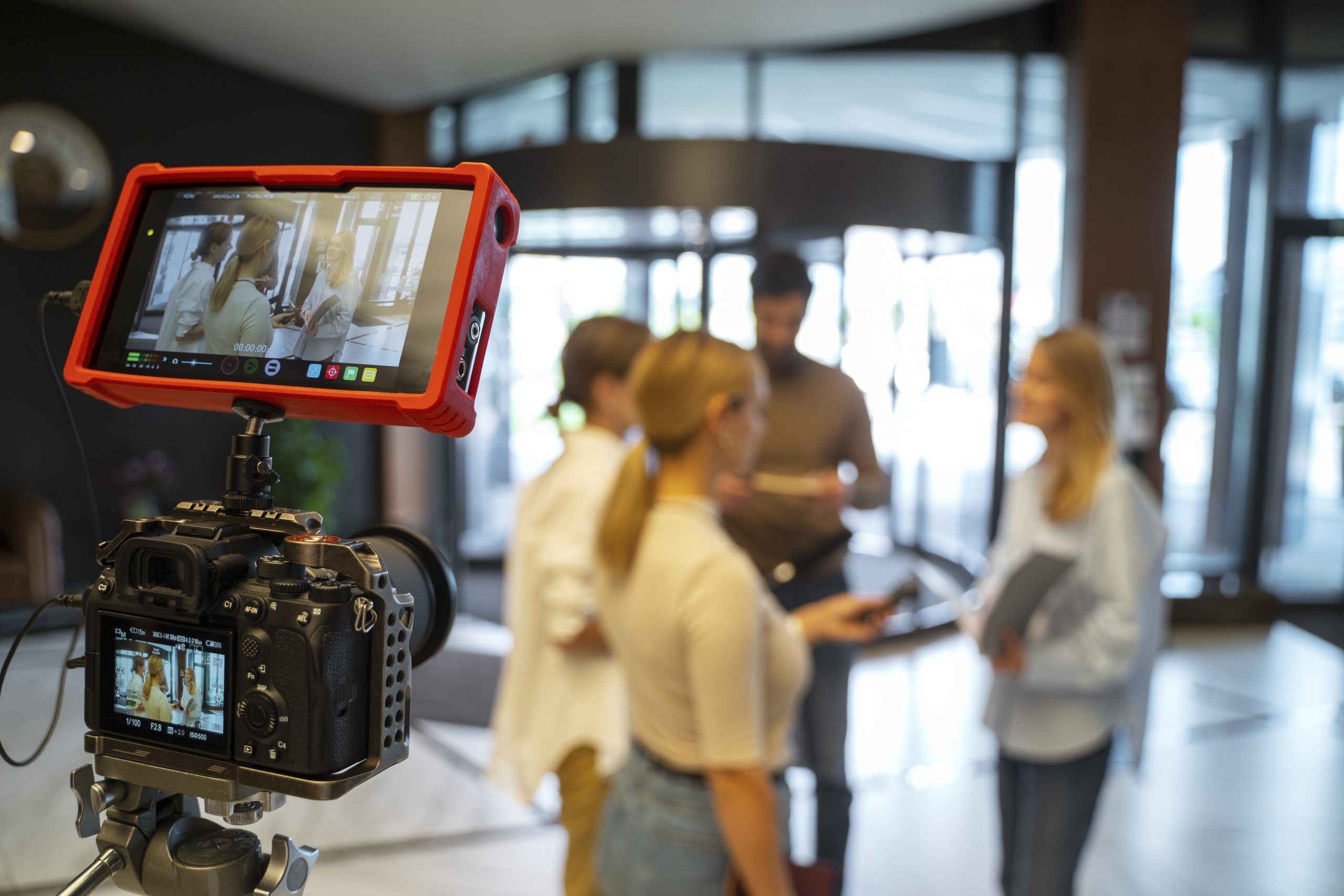Profesionāla videokamera ar monitoru filmē interviju, fonā žurnālisti sarunājas ar intervējamo personu.