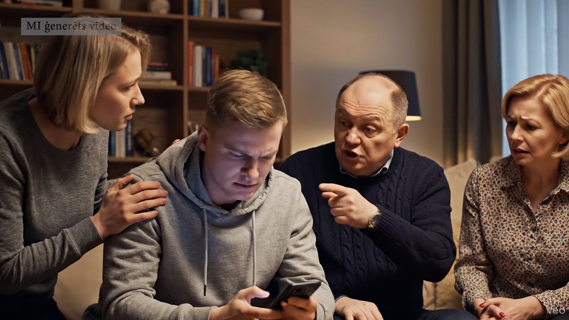 Četri cilvēki — jaunietis ar telefonu un trīs pieaugušie — sēž dīvānā un satraukti skatās telefona ekrānā; augšējā stūrī uzraksts 