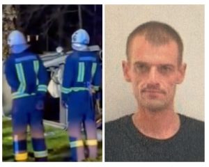 Ugunsdzēsēji pie avarējušas automašīnas un policijas meklēts vīrietis portreta attēlā.