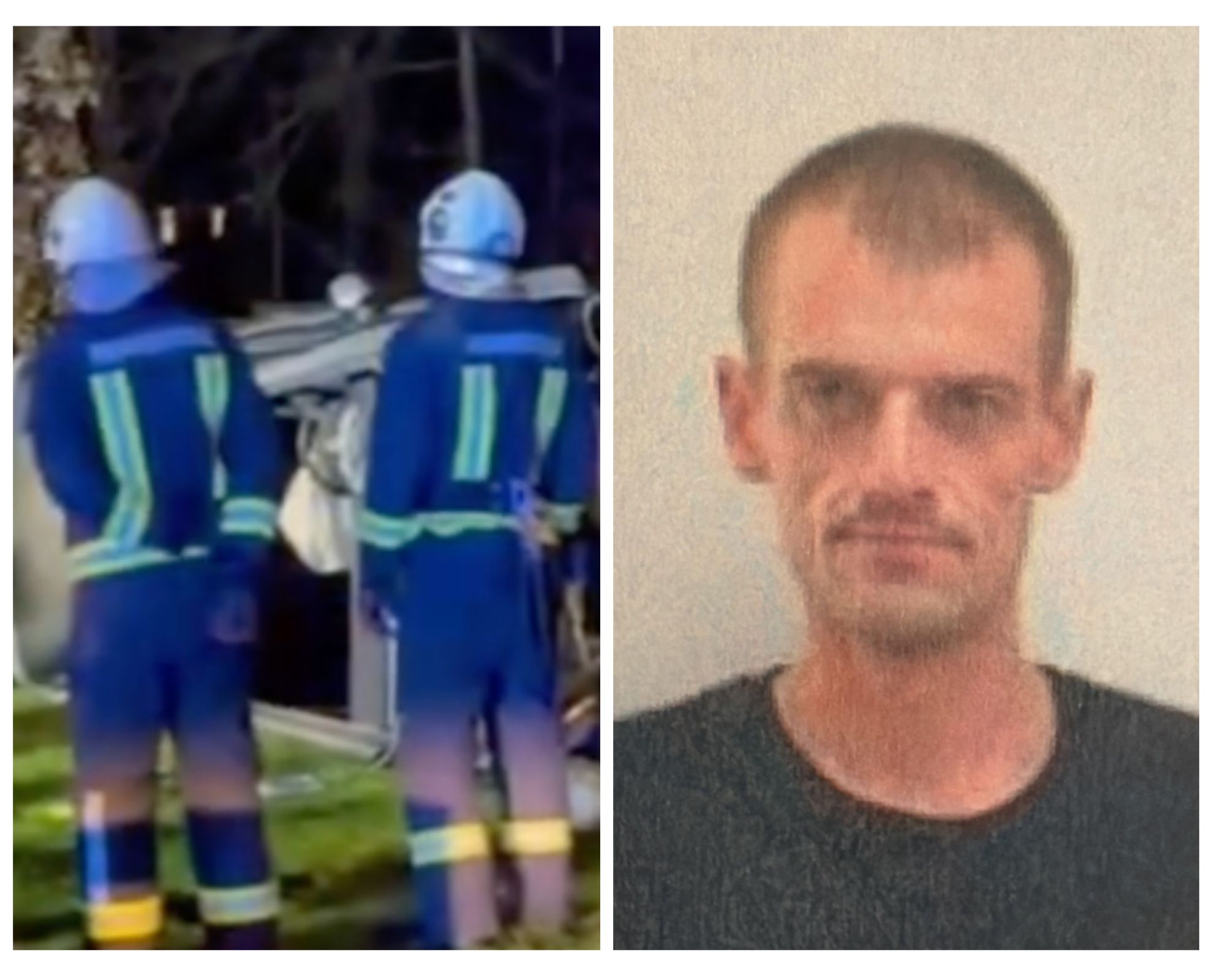 Ugunsdzēsēji pie avarējušas automašīnas un policijas meklēts vīrietis portreta attēlā.