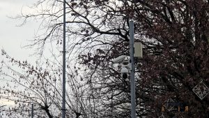 Videonovērošanas kameras pilsētvidē pie kokiem un dekorācijām.