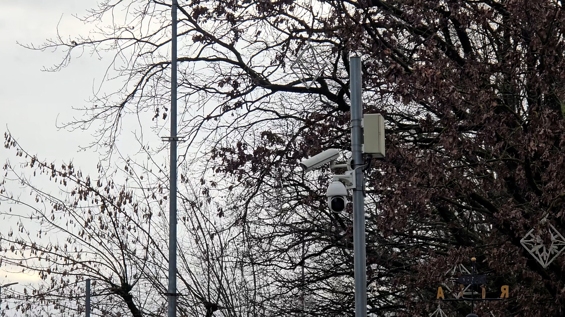 Videonovērošanas kameras pilsētvidē pie kokiem un dekorācijām.
