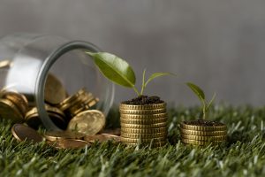 Monētu kaudzītes ar maziem stādiem un apgāzts monētu burciņš uz zāles — simbolizē dabas resursu nodokļa un ilgtspējas tēmu.