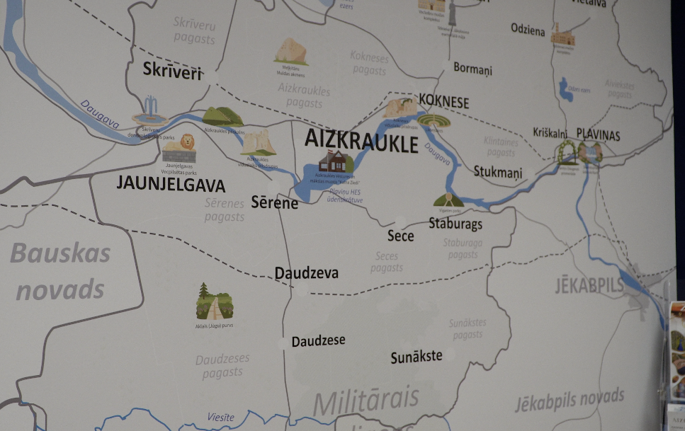 Aizkraukles novada tūrisma karte ar Skrīveru, Kokneses, Jaunjelgavas un Pļaviņu apkaimēm.