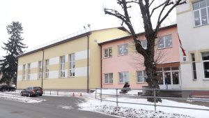 Cēsu 1. pamatskolas ēka ziemā ar dzeltenu un sārtu fasādi, priekšplānā koks bez lapām un sniegs.